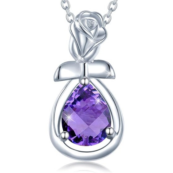 AGVANA Birthstone Necklace for Women Sterling Silver Genuine or Created Birthstone Rose Flower Pendant Necklace Fine Jewelry Anniversary Birthday Gifts for Women Mom Wife Lady