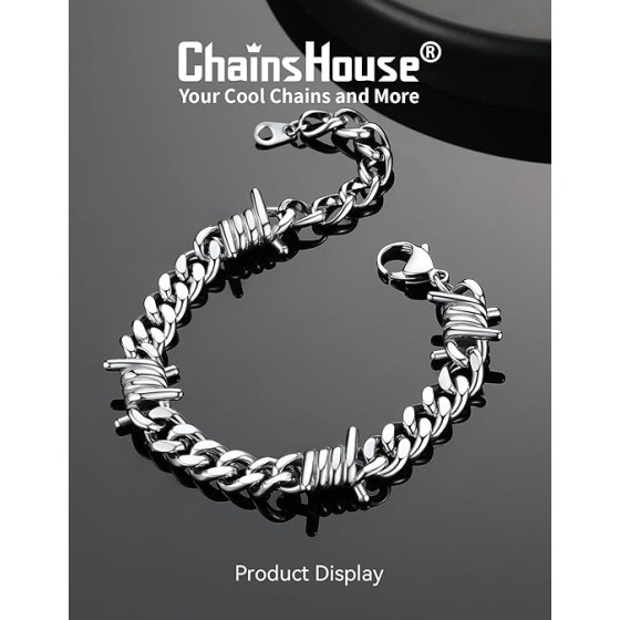 ChainsHouse Barbed Wire Bracelet, Cuban Link Chain Bracelet for Men, Stainless Steel Gothic Punk Thorns Hand Chain, Hip Hop Jewelry, 7mm/9 mm Width, 7"-8.3" Length, Send Gift Box