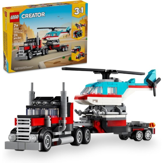 LEGO Creator 3 in 1 Flatbed Truck with Helicopter Toy, Transforms from Flatbed Truck Toy to Propeller Plane to Hot Rod and SUV Car Toys