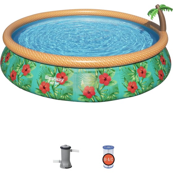 Bestway Fast Set Paradise Palms 15' x 33" Round Inflatable Outdoor Swimming Pool Set with Built-In Palm Tree Sprinkler and Filter Pump