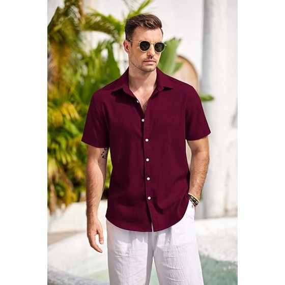 COOFANDY Men's Casual Button Down Shirts Short Sleeve Linen Shirts Summer Beach Dress Shirt