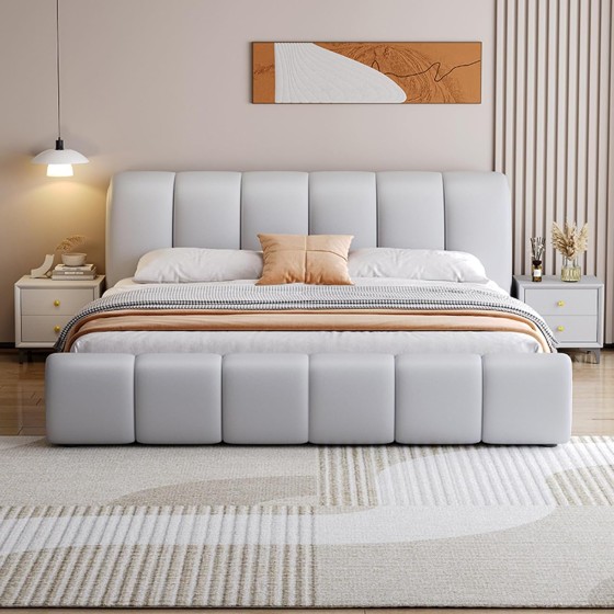 OUDINI Leather Bed Frame Queen Modern Simple Double Bed Strong Wood Slats Support No Box Spring Needed Easy Assembly