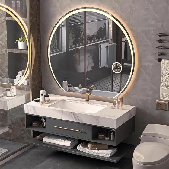 Bathroom Vanity with Sink - Stylish Floating Single Sink Bathroom Vanity Cabinet Set, Equipped with Round Smart Defog Mirror, Tri-Color Light Switch