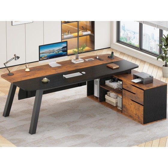 SEDETA 71" Executive Desk with File Cabinet, Large Office Desk with Drawers and Shelves, L Shaped Computer Desk with Power Outlets, Business Furniture Desk Workstation for Home Office