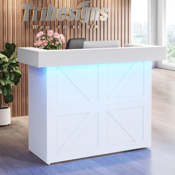 Tribesigns Reception Desk with Light, 55-Inch Front Desk with Cable Grommets, Modern Retail Counter Table for Salon, Lobby, Shop, Office Reception Room (White)